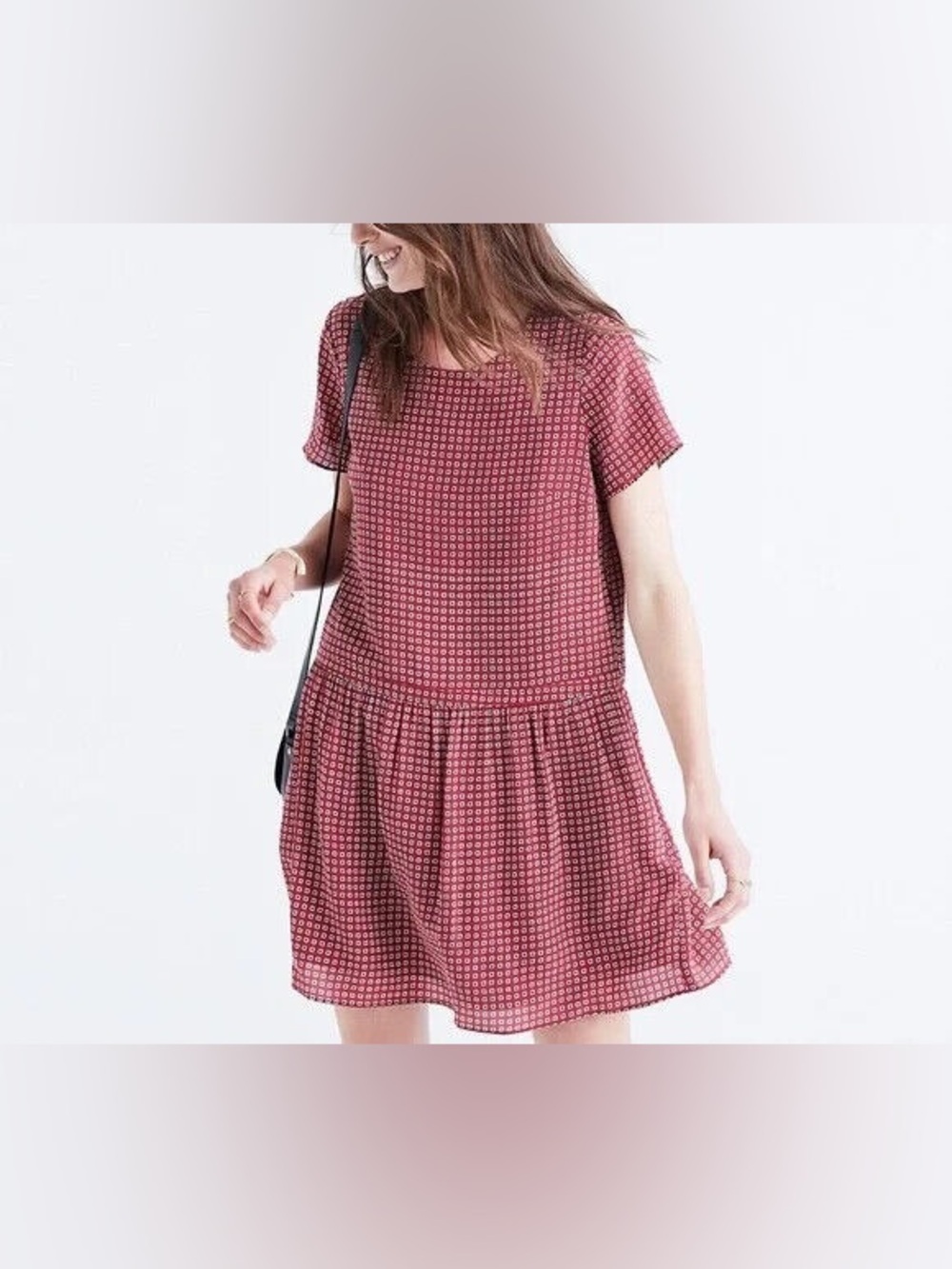 Madewell Silk short sleeve lined Ascot tile burgundy drop waist mini dress